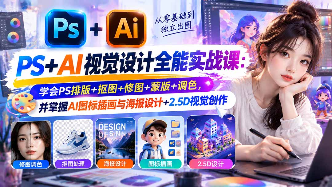 【无水印】PS+AI视觉设计全能实战课：学会PS排版+抠图+修图+蒙版+调色，并掌握AI图标插画与海报设计+2.5D视觉创作 - 副业联盟|副业联盟