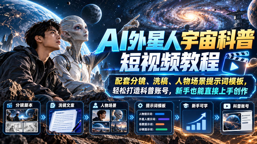 AI外星人宇宙科普短视频教程,配套分镜、洗稿、人物场景提示词模板,轻松打造科普账号,新手也能直接上手创作|副业联盟