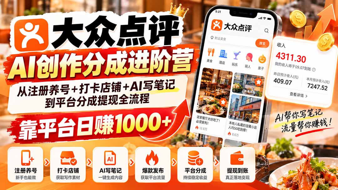 大众点评AI创作分成进阶营:从注册养号+打卡店铺+AI写笔记到平台分成提现全流程,靠平台日赚1000+|副业联盟