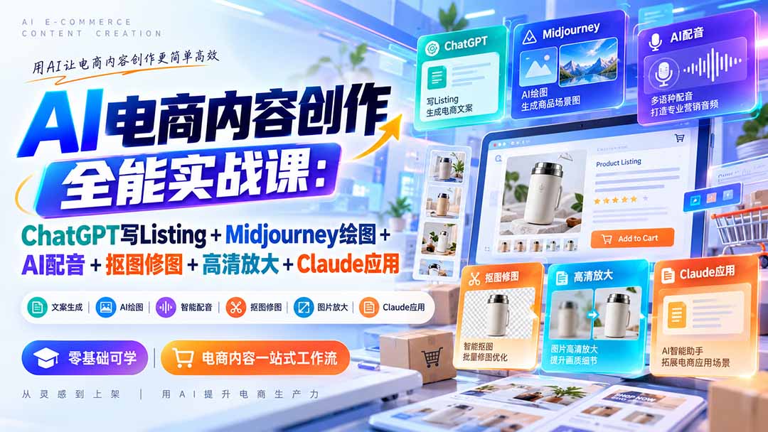 【无水印】AI电商内容创作全能实战课:ChatGPT写Listing+Midjourney绘图+AI配音+抠图修图+高清放大+Claude应用|副业联盟