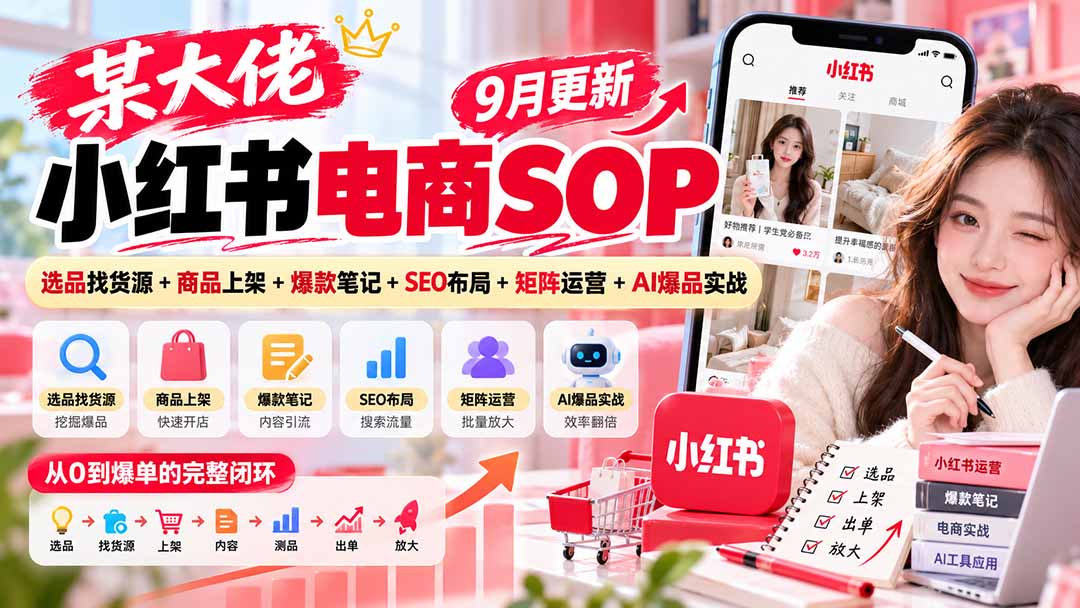 某大佬小红书电商SOP|9月更新:选品找货源+商品上架+爆款笔记+SEO布局+矩阵运营+AI爆品实战|副业联盟