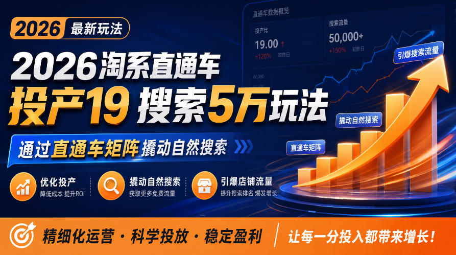 2026淘系直通车投产19搜索5万玩法,通过直通车矩阵撬动自然搜索,帮助商家优化投产,引爆店铺搜索流量|副业联盟