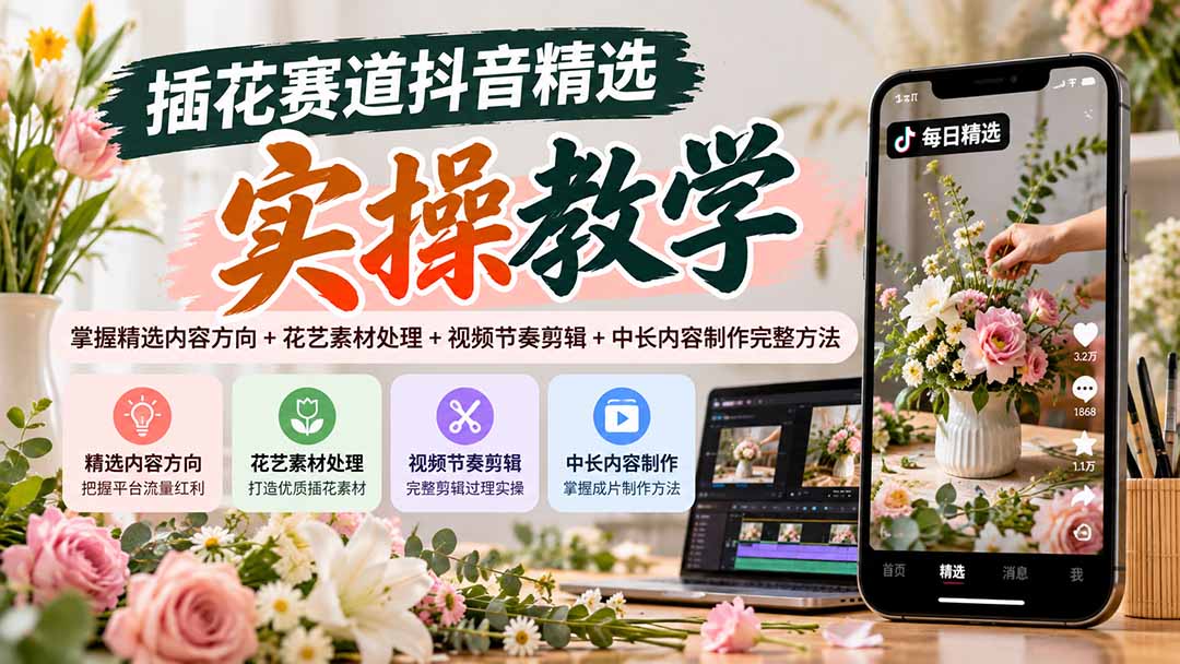 插花赛道抖音精选实操教学:掌握精选内容方向+花艺素材处理+视频节奏剪辑+中长内容制作完整方法|副业联盟