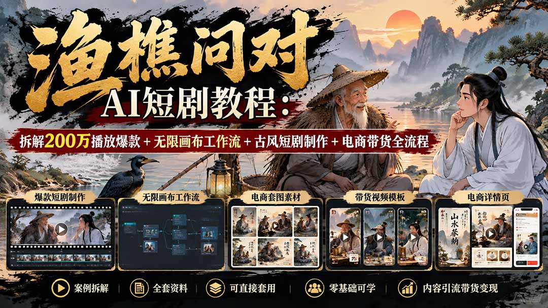 【无水印】渔樵问对AI短剧教程:拆解200万播放爆款+无限画布工作流+古风短剧制作+电商带货全流程|副业联盟