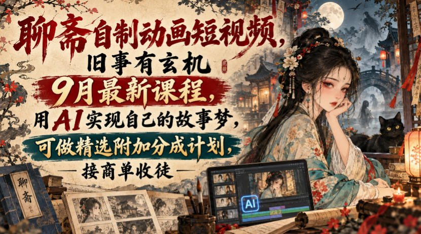 聊斋自制动画短视频,旧事有玄机9月最新课程,用AI实现自己的故事梦,可做精选附加分成计划,接商单收徒|副业联盟