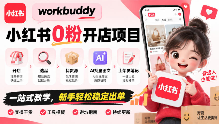 workbuddy小红书0粉开店项目，开店、选品、找货源、AI批量图文、上架发笔记一站式教学，新手轻松稳定出单 - 副业联盟|副业联盟