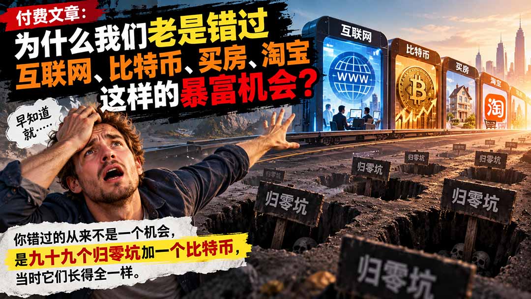 付费文章:为什么我们老是错过互联网、比特币、买 房、淘宝这样的暴富机会?|副业联盟