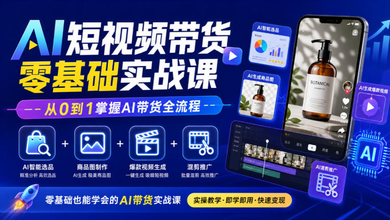 AI短视频带货零基础实战课｜AI智能选品+商品图制作+爆款视频生成+混剪推广，从0到1掌握AI带货全流程 - 副业联盟|副业联盟