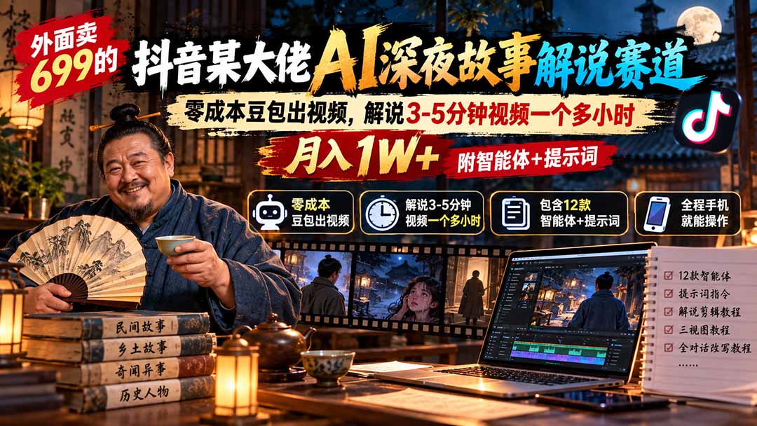 外面卖699抖音某大佬AI深夜故事解说赛道-更新：0成本豆包出视频+解说3-5分钟视频一个多小时，月入1W+附智能体+提示词 - 副业联盟|副业联盟