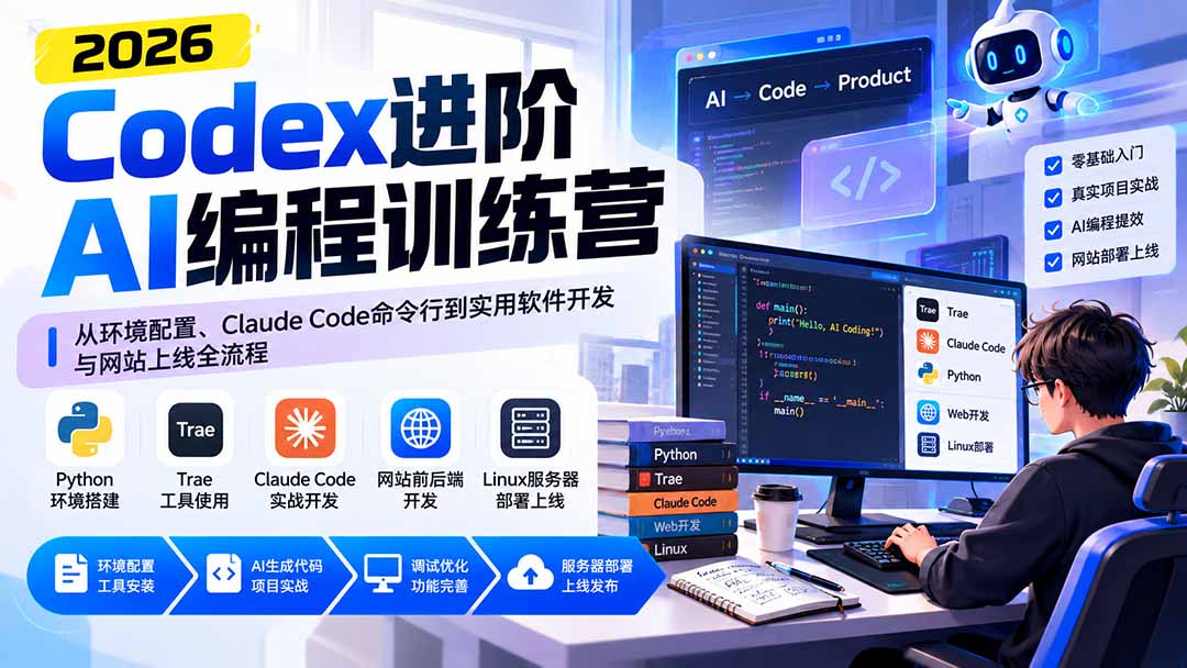 Codex进阶AI编程训练营：从环境配置、Claude Code命令行到实用软件开发与网站上线全流程 - 副业联盟|副业联盟