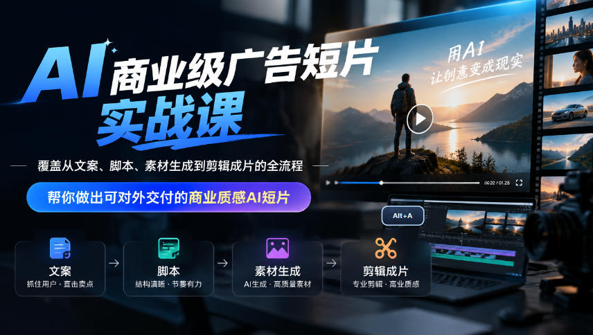 AI商业级广告短片实战课,覆盖从文案、脚本、素材生成到剪辑成片的全流程,帮你做出可对外交付的商业质感AI短片|副业联盟
