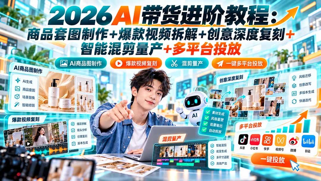 2026AI带货进阶教程:商品套图制作+爆款视频拆解+创意深度复刻+智能混剪量产+多平台投放|副业联盟