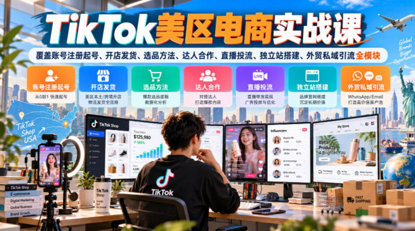 TikTok美区电商实战课,覆盖账号注册起号、开店发货、选品方法、达人合作、直播投流、独立站搭建、外贸私域引流全模块|副业联盟