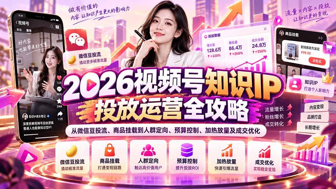 2026视频号知识IP投放运营全攻略:从微信豆投流、商品挂载到人群定向、预算控制、加热放量及成交优化|副业联盟