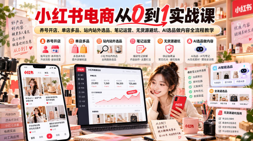 小红书电商从0到1实战课|养号开店、单店多品、站内站外选品、笔记运营、无货源避坑、AI选品做内容全流程教学|副业联盟