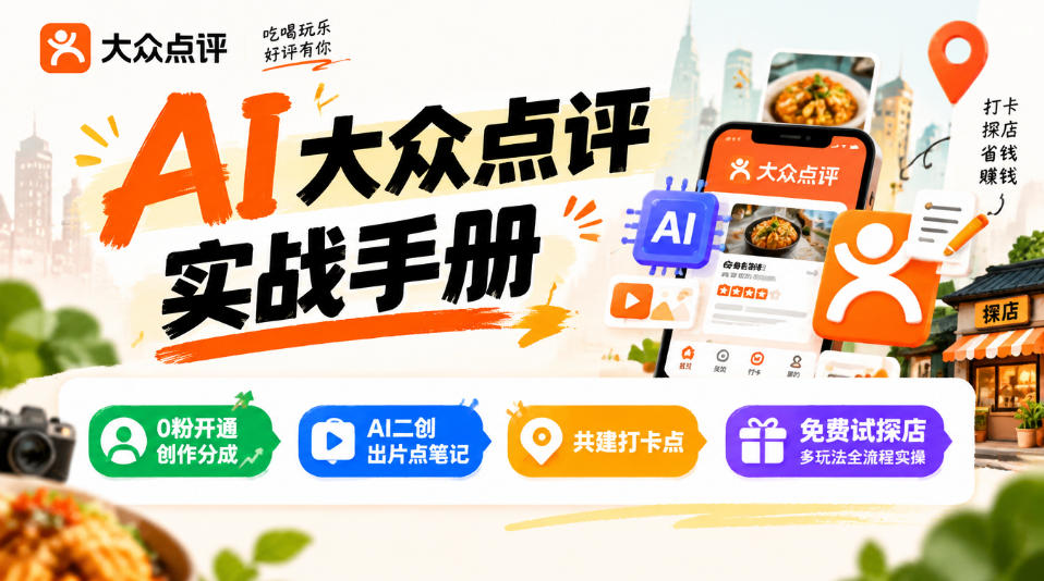 某局的AI大众点评实战手册,0粉开通创作分成、AI二创出片点笔记、共建打卡点、免费试探店多玩法全流程实操|副业联盟
