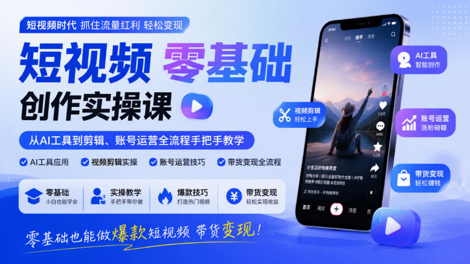 短视频零基础创作实操课,从AI工具到剪辑、账号运营全流程手把手教学,零基础也能做爆款短视频带货变现|副业联盟