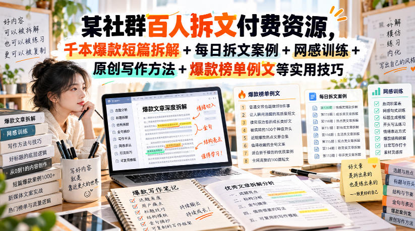(无水印)某社群百人拆文付费资源,千本爆款短篇拆解+每日拆文案例+网感训练+原创写作方法+爆款榜单例文等实用技巧(更新1009)|副业联盟