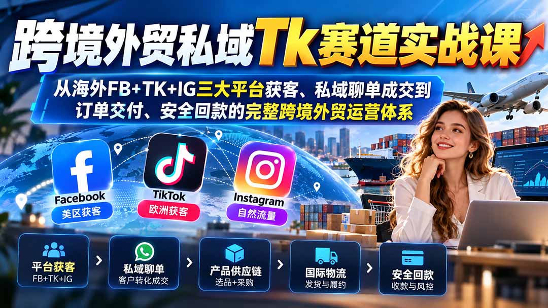 跨境外贸私域Tk赛道实战课:从海外FB+TK+IG三大平台获客、私域聊单成交到订单交付、安全回款的完整跨境外贸运营体系|副业联盟