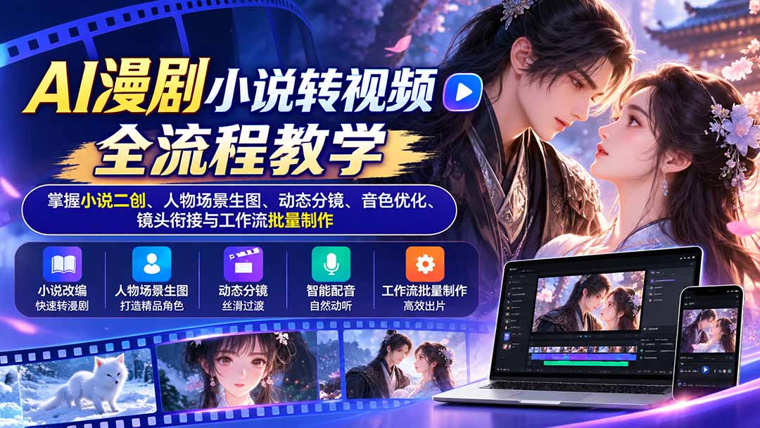 AI漫剧小说转视频全流程教学:掌握小说二创、人物场景生图、动态分镜、音色优化、镜头衔接与工作流批量制作|副业联盟