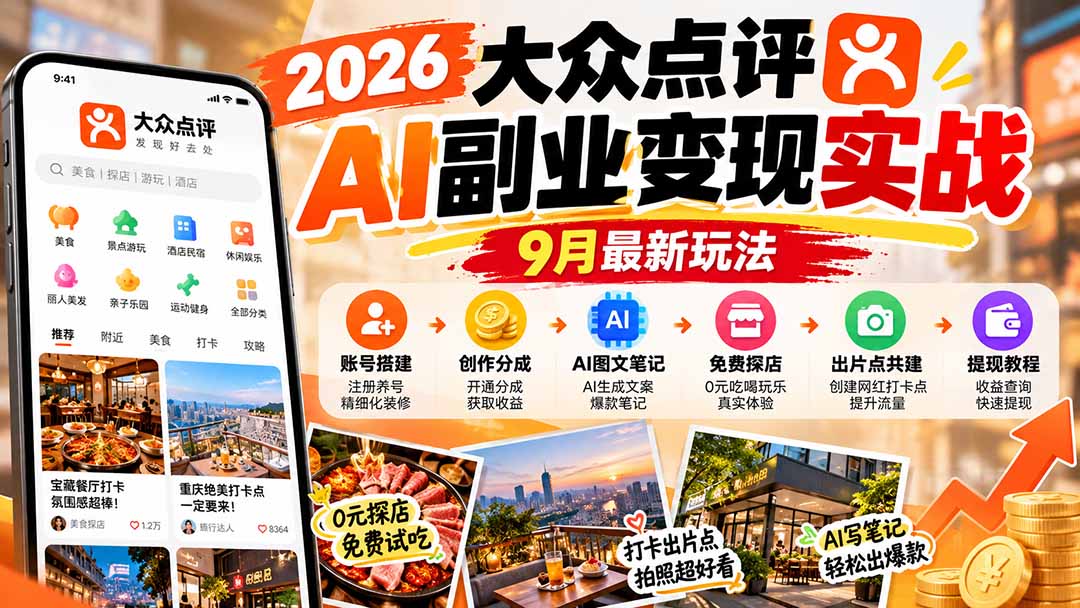 2026大众点评AI副业变现实战9月最新玩法:账号搭建+创作分成+AI图文笔记+免费探店+出片点共建与提现教程|副业联盟