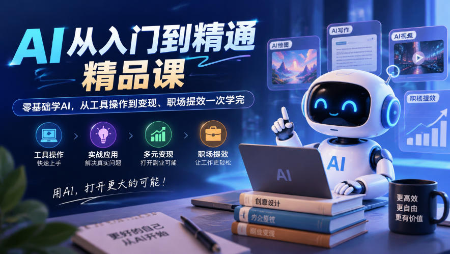 AI从入门到精通精品课,零基础学AI,从工具操作到变现、职场提效一次学完|副业联盟