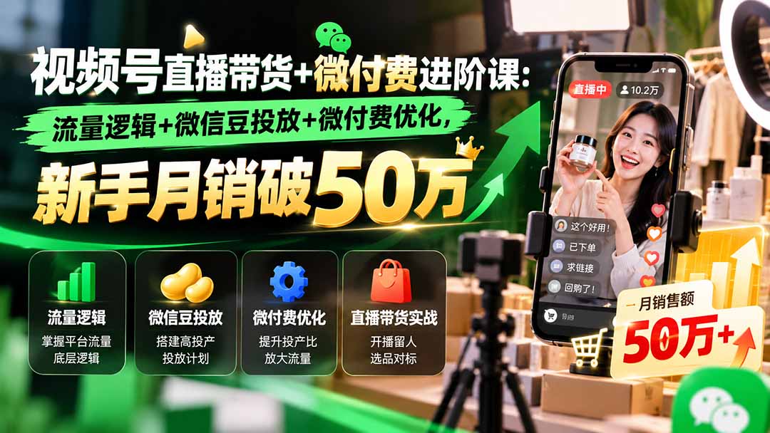 视频号直播带货+微付费进阶课-更新1010:流量逻辑+微信豆投放+微付费优化,新手月销破50万|副业联盟