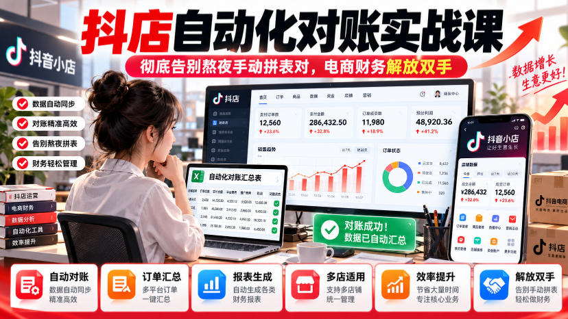 抖店自动化对账实战课,彻底告别熬夜手动拼表对,账电商财务解放双手|副业联盟