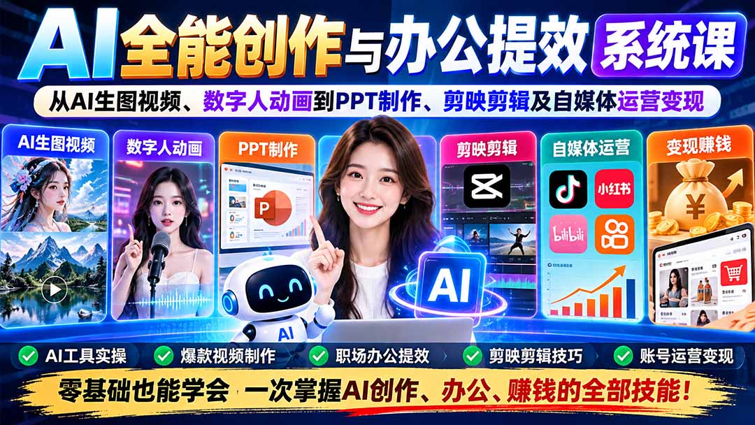 AI全能创作与办公提效系统课:从AI生图视频、数字人动画到PPT制作、剪映剪辑及自媒体运营变现|副业联盟