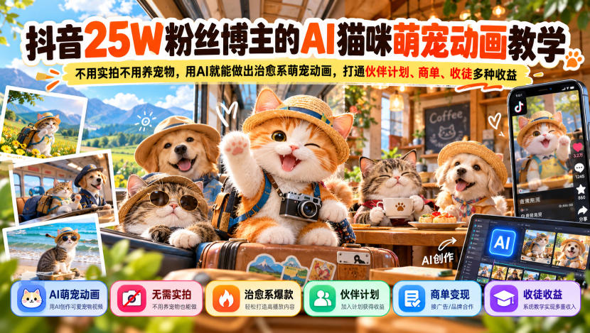 抖音25W粉丝博主的AI猫咪萌宠动画教学,不用实拍不用养宠物,用AI就能做出治愈系萌宠动画,打通伙伴计划、商单、收徒多种收益|副业联盟