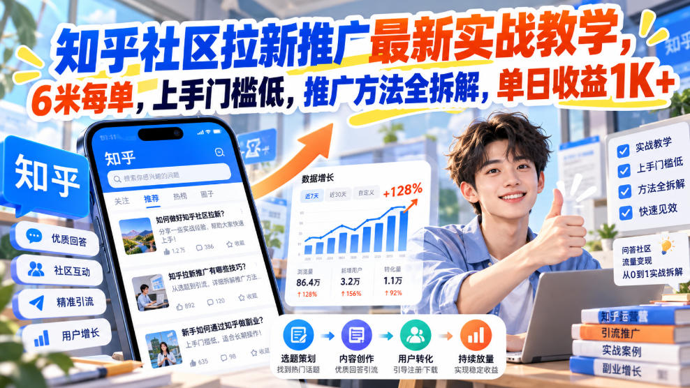 知乎社区拉新推广最新实战教学,6米每单,上手门槛低,推广方法全拆解,单日收益1K+!(更新1010)|副业联盟