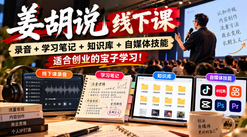 姜胡说线下课录音＋学习笔记＋知识库＋自媒体技能，​适合创业的宝子学习！|副业联盟