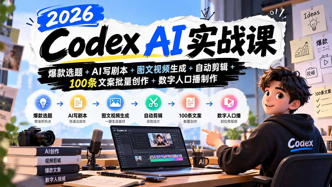 2026Codex AI实战课:爆款选题+AI写剧本+图文视频生成+自动剪辑+100条文案批量创作+数字人口播制作|副业联盟