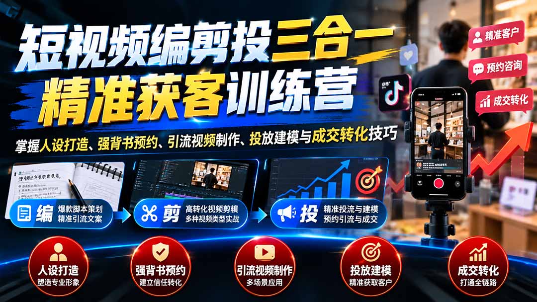 短视频编剪投三合一精准获客训练营：掌握人设打造、强背书预约、引流视频制作、投放建模与成交转化技巧|副业联盟