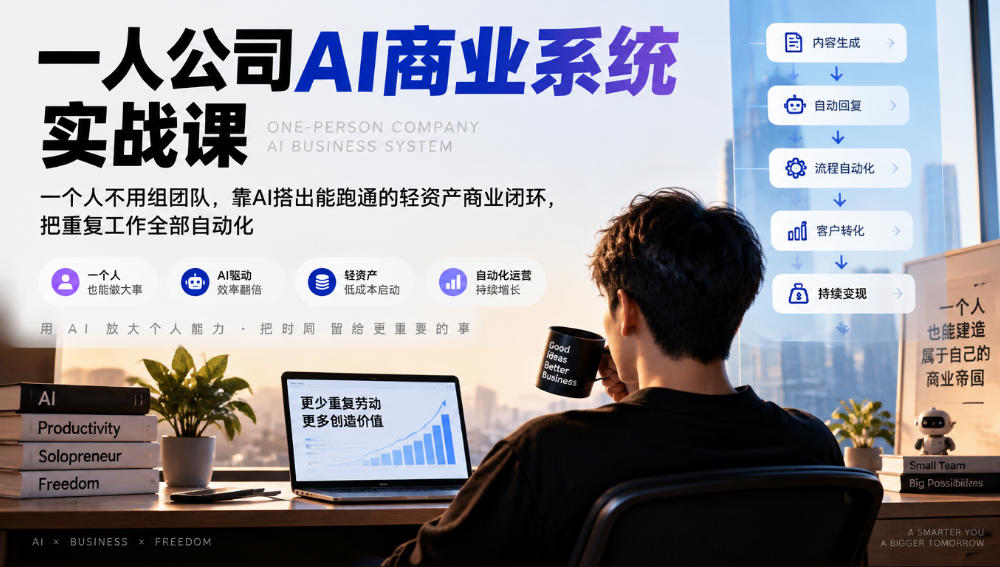 一人公司AI商业系统实战课,一个人不用组团队,靠AI搭出能跑通的轻资产商业闭环,把重复工作全部自动化|副业联盟