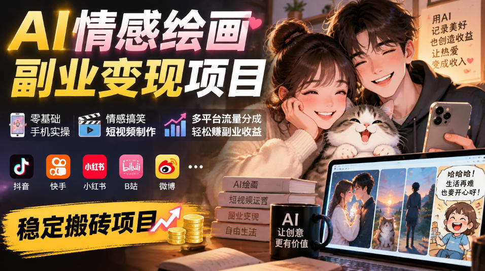 AI情感绘画副业变现项目|零基础手机实操,情感搞笑短视频制作,多平台流量分成轻松賺副业收益|副业联盟