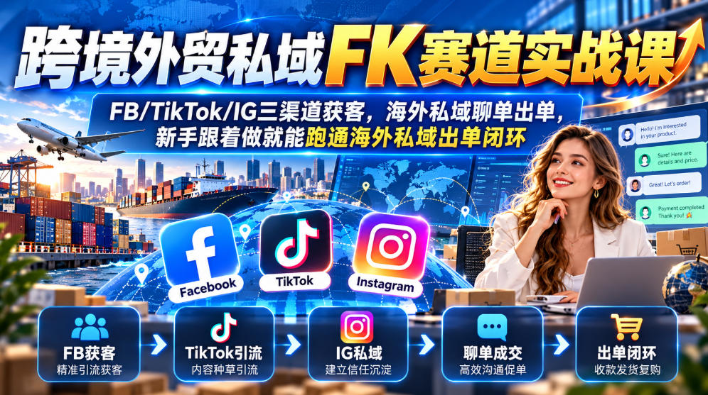跨境外贸私域FK赛道实战课|FB/TikTok/IG三渠道获客,海外私域聊单出单,新手跟着做就能跑通海外私域出单闭环|副业联盟