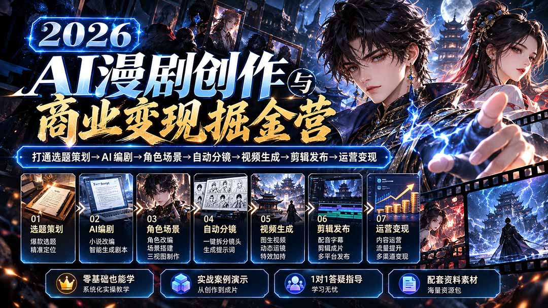 【无水印】2026AI漫剧创作与商业变现掘金营:打通选题→AI编剧→角色场景→自动分镜→视频生成→剪辑发布→运营变现|副业联盟