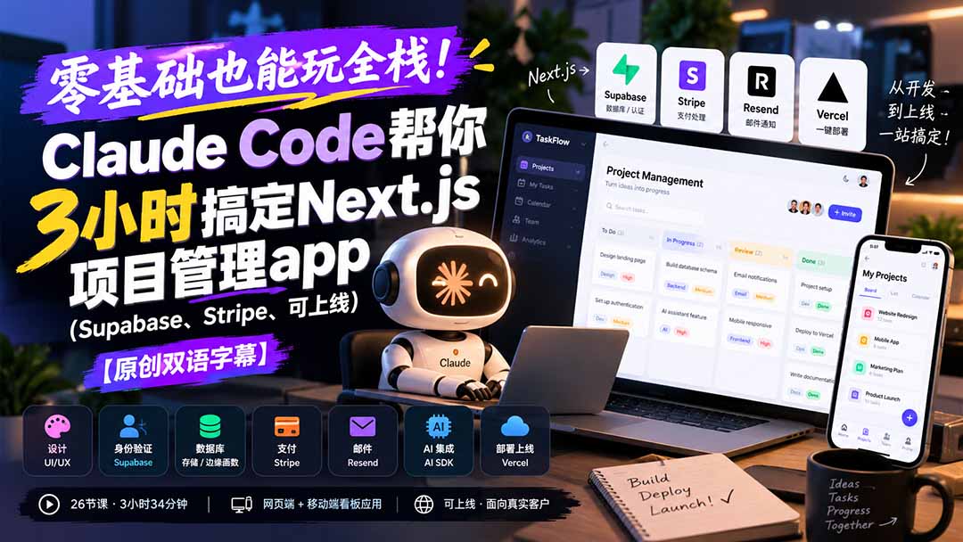 零基础也能玩全栈!Claude Code帮你3小时搞定Next.js项目管理app(Supabase、Stripe、可上线|副业联盟