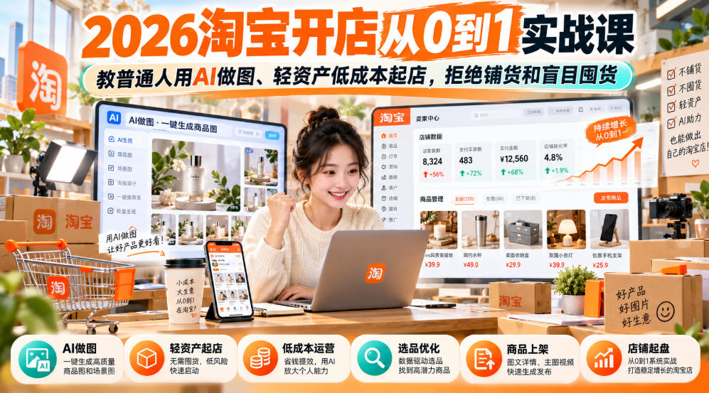 2026淘宝开店从0到1实战课,教普通人用AI做图、轻资产低成本起店,拒绝铺货和盲目囤货|副业联盟