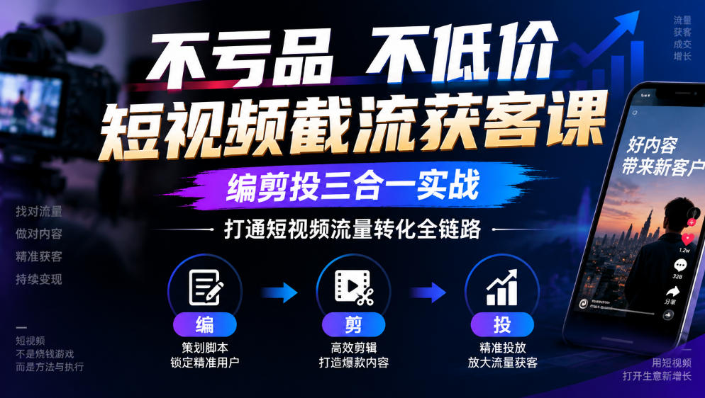 不亏品不低价短视频截流获客课，编剪投三合一实战，打通短视频流量转化全链路|副业联盟