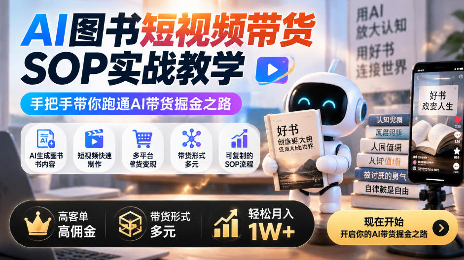 AI图书短视频带货SOP实战教学,手把手带你跑通AI带货掘金之路,高客单高佣金,带货形式多元,轻松月入1W+|副业联盟