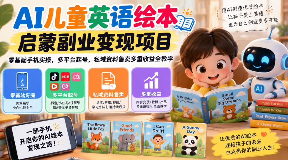 AI儿童英语绘本启蒙副业变现项目,零基础手机实操,多平台起号,私域资料售卖多重收益全教学|副业联盟