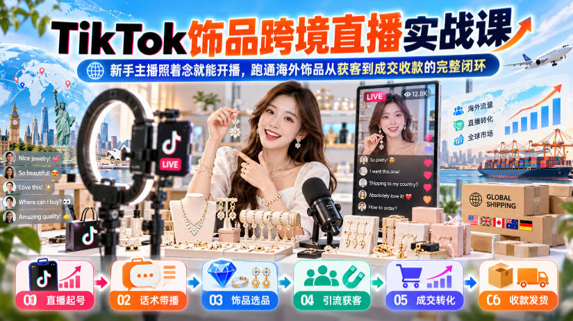 TikTok饰品跨境直播实战课,新手主播照着念就能开播,跑通海外饰品从获客到成交收款的完整闭环|副业联盟