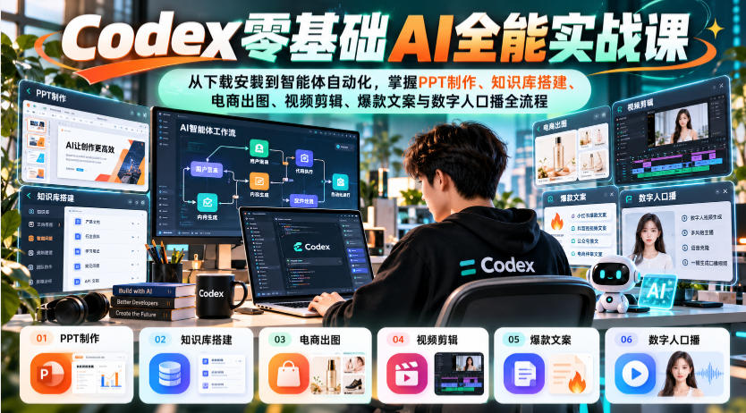 Codex零基础AI全能实战课:从下载安装到智能体自动化,掌握知识库搭建、电商出图、视频剪辑、爆款文案与数字人口播全流程|副业联盟