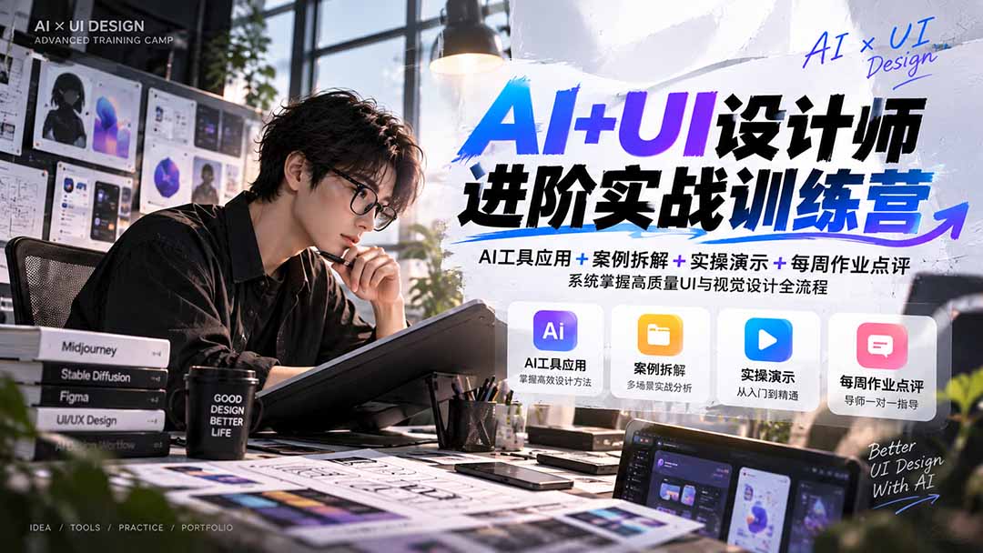 【无水印】AI+UI设计师进阶训练营-第4期:AI工具应用+案例拆解+实操演示+作业点评,掌握高质量UI与视觉设计全流程|副业联盟