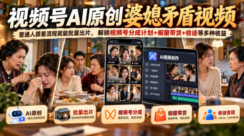 视频号ai原创婆媳矛盾视频,普通人跟着流程就能批量出片,解锁视频号分成计划+橱窗带货+收徒等多种收益|副业联盟