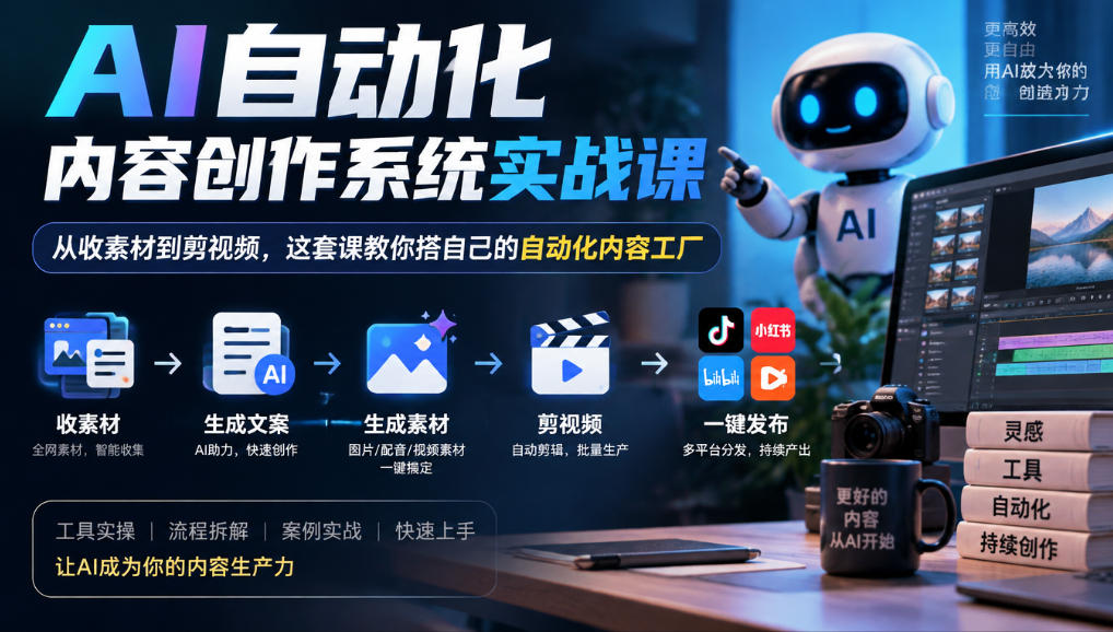 AI自动化内容创作系统实战课,从收素材到剪视频,这套课教你搭自己的自动化内容工厂|副业联盟