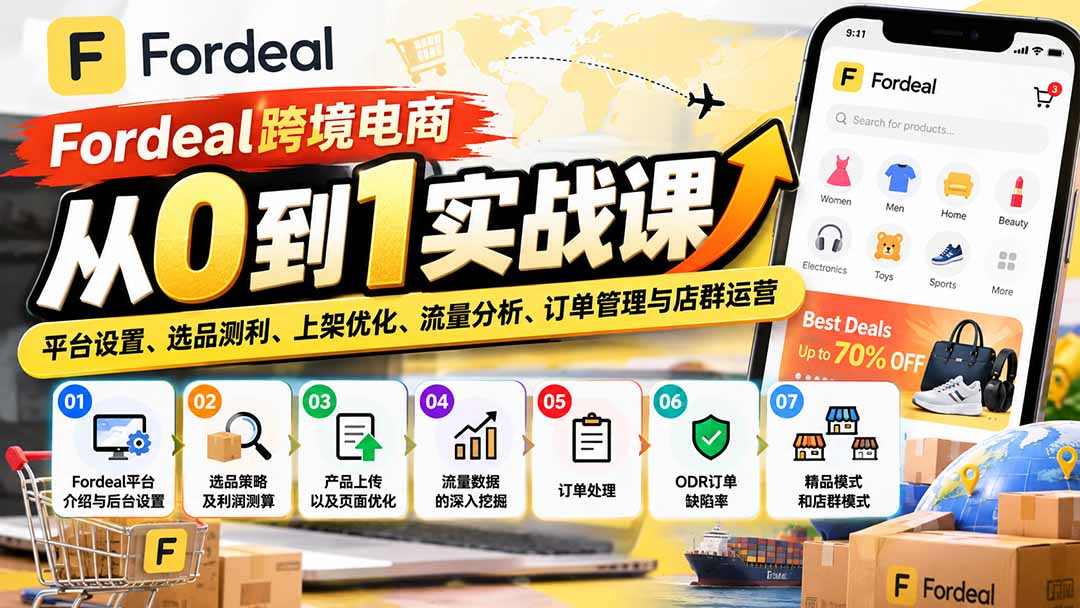 Fordeal跨境电商从0到1实战课:平台设置、选品测利、上架优化、流量分析、订单管理与店群运营|副业联盟