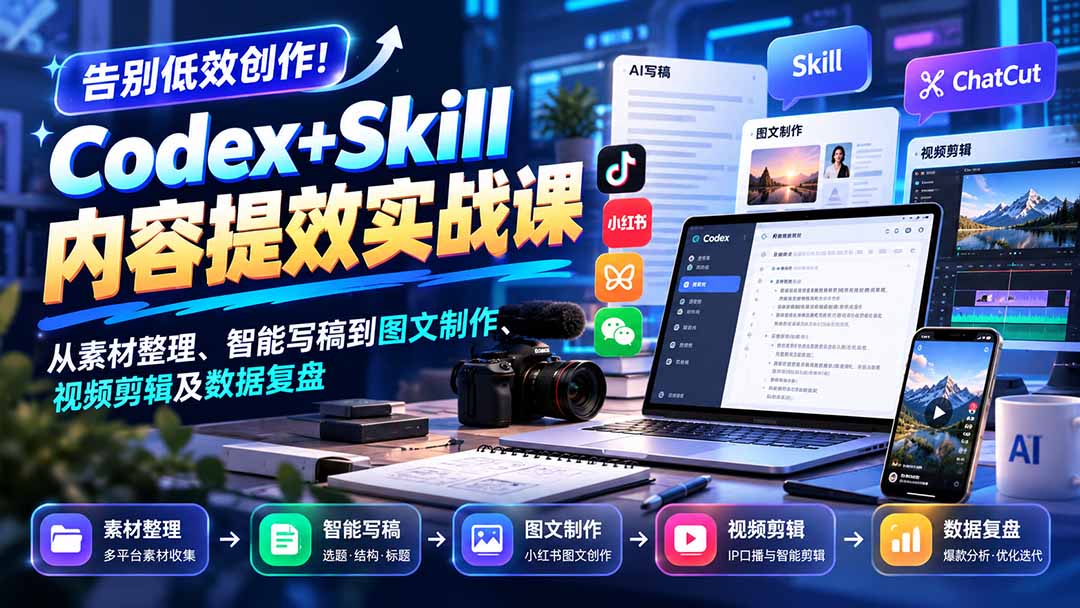 【无水印】告别低效创作!Codex+Skill内容提效实战课:从素材整理、智能写稿到图文制作、视频剪辑及数据复盘|副业联盟